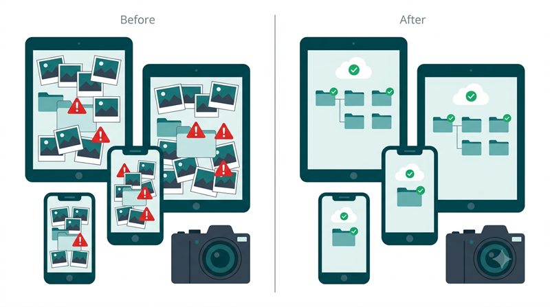 Photos scattered across phones, tablets and cameras on one side, and the same photos filed into a single synced cloud structure on the other