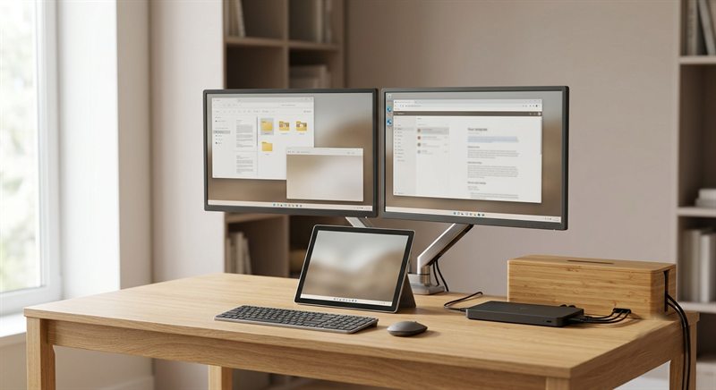 A home office desk with dual monitors on an arm, a tablet, a dock and a cable management box